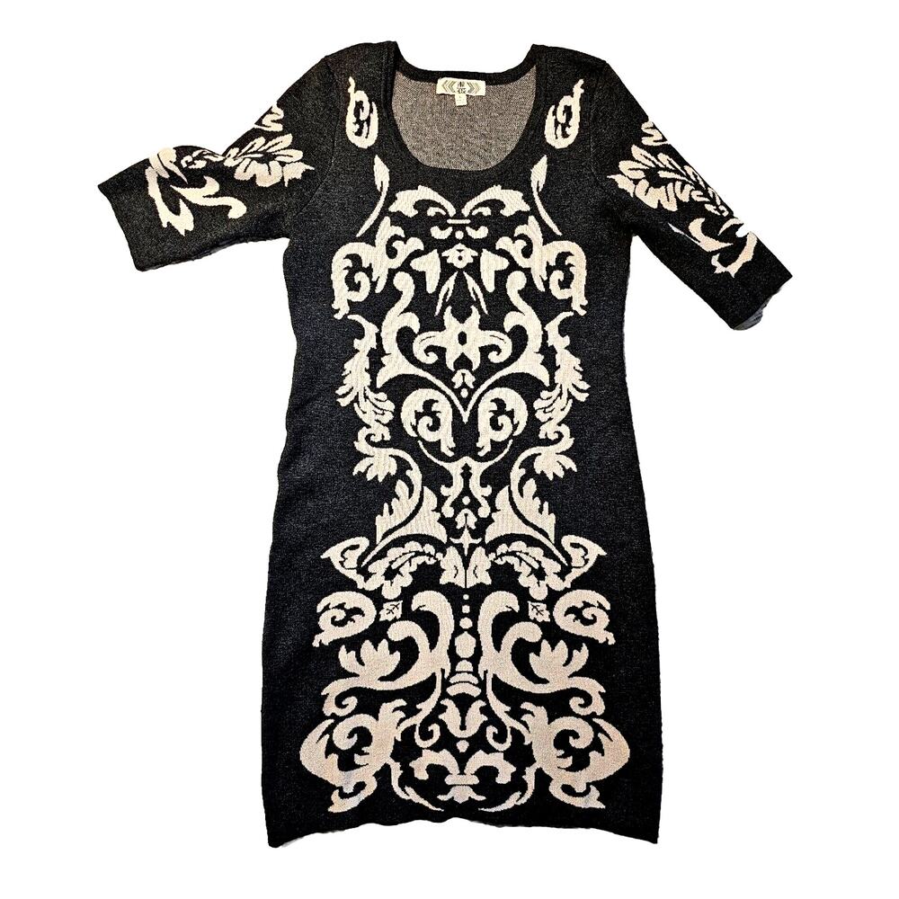 Sweater Dress Sz Large Black White Stretch Bodycon Preppy Pink Rose